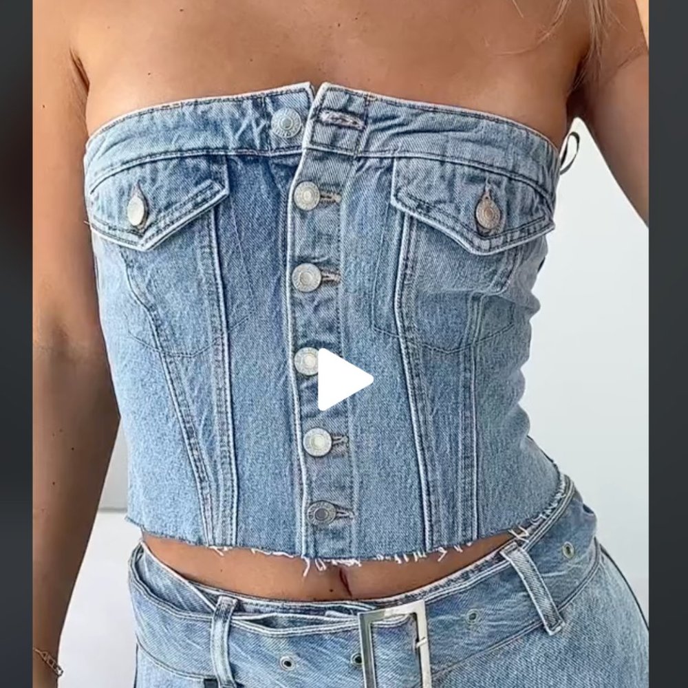 ZARA Light blue Corset DENIM strapless BUSTIER TOP Metal Button XS M L XXL